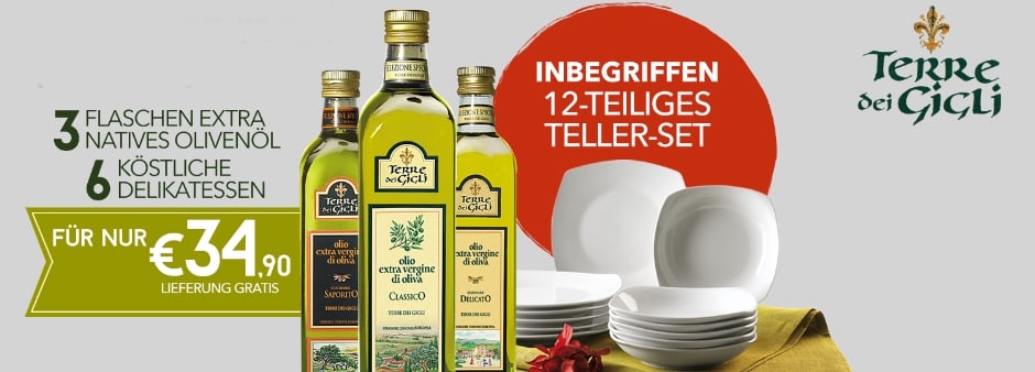 3x natives Olivenöl, 6 Delikatessen & 12-teiliges Teller-Set für 34,90€